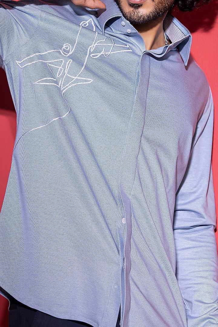 Sky Blue Cotton Knit Hand Embroidered Party Wear Shirt by AMIT ARORA at Pernia's Pop Up Shop
