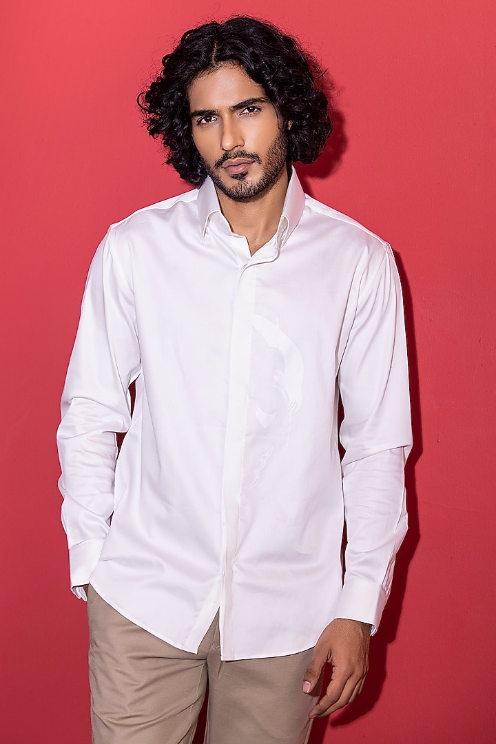 White Cotton Lycra Printed Party Wear Shirt by AMIT ARORA at Pernia's Pop Up Shop