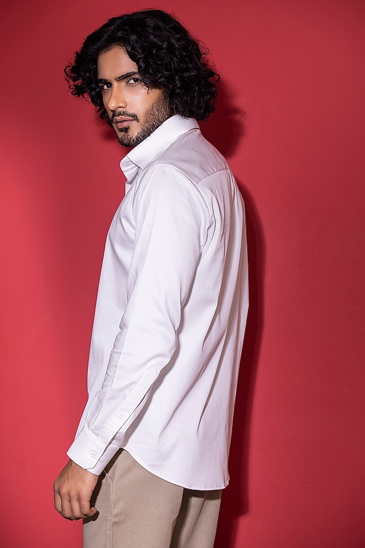 White Cotton Lycra Printed Party Wear Shirt by AMIT ARORA at Pernia's Pop Up Shop