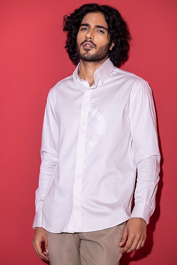 White Cotton Lycra Printed Party Wear Shirt by AMIT ARORA at Pernia's Pop Up Shop