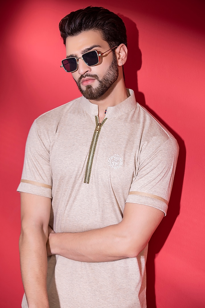 Beige Knit T-Shirt by AMIT ARORA at Pernia's Pop Up Shop