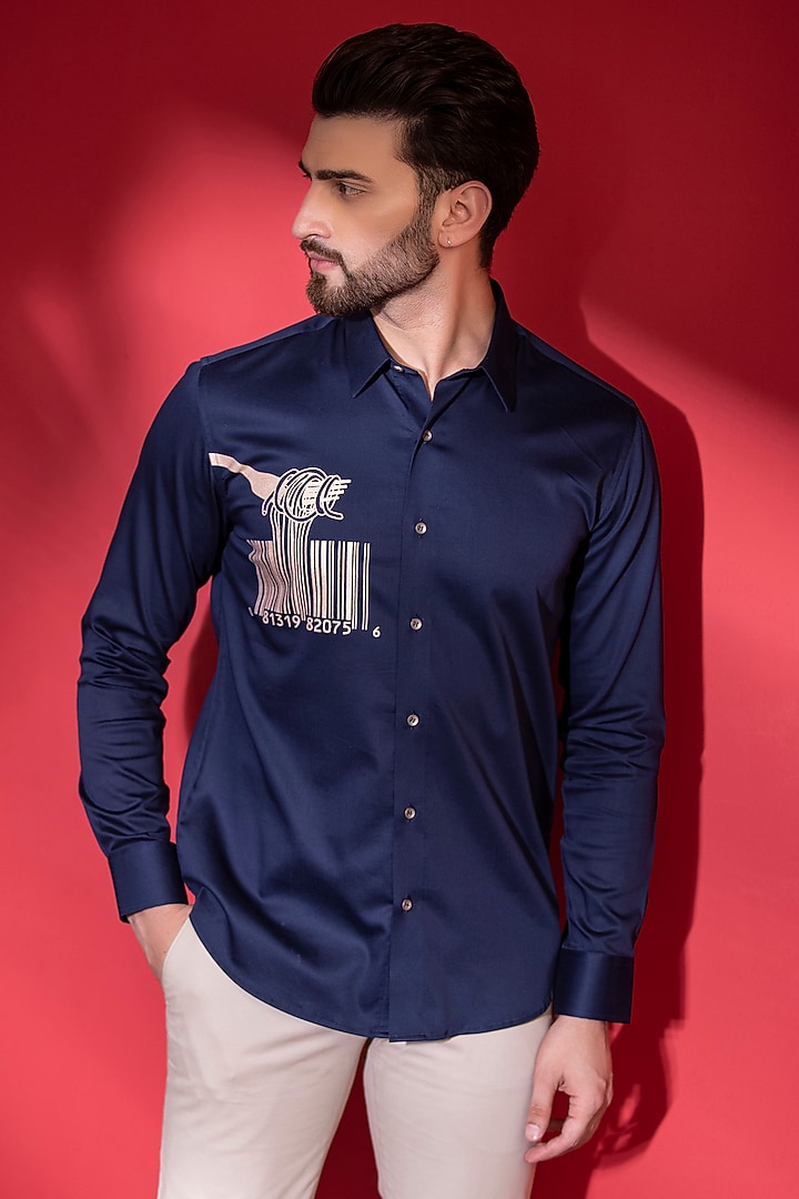 Navy Blue Cotton Lycra Digital Printed Shirt by AMIT ARORA