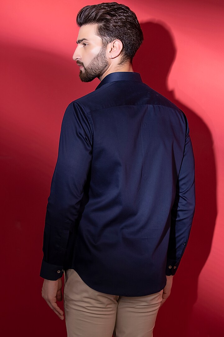 Navy Blue Cotton Lycra Digital Printed Party Wear Shirt by AMIT ARORA at Pernia's Pop Up Shop