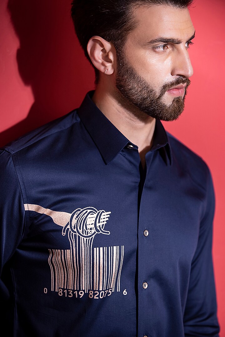 Navy Blue Cotton Lycra Digital Printed Party Wear Shirt by AMIT ARORA at Pernia's Pop Up Shop