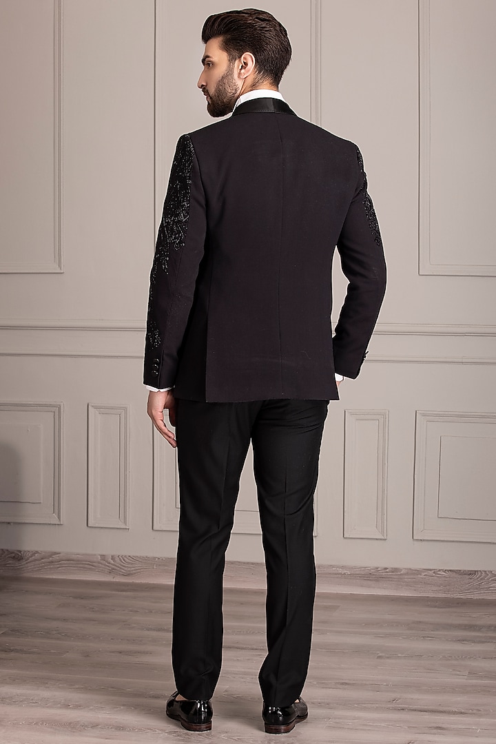 Black Knit Hand Embroidered Tuxedo Set by AMIT ARORA at Pernia's Pop Up Shop