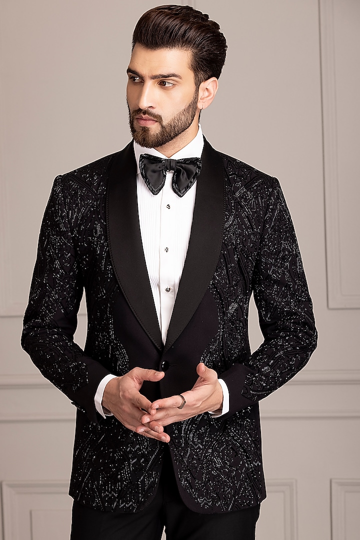 Black Knit Hand Embroidered Tuxedo Set by AMIT ARORA at Pernia's Pop Up Shop