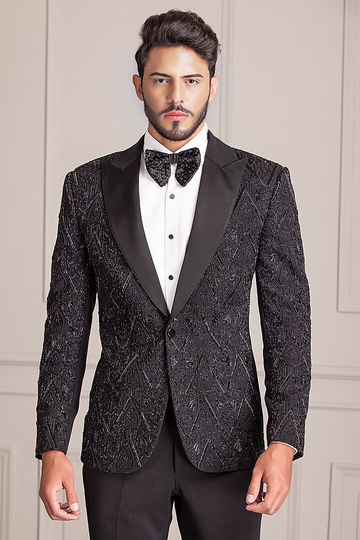 Black Knit Hand Embroidered Tuxedo Set by AMIT ARORA at Pernia's Pop Up Shop