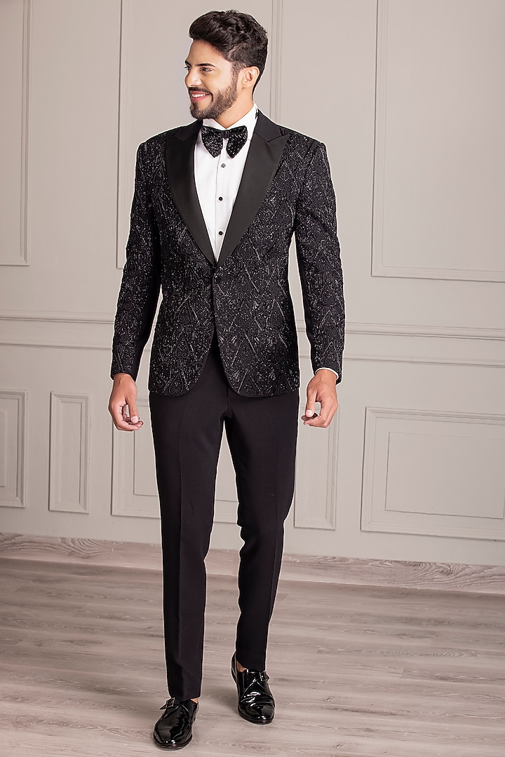 Black Knit Hand Embroidered Tuxedo Set by AMIT ARORA at Pernia's Pop Up Shop