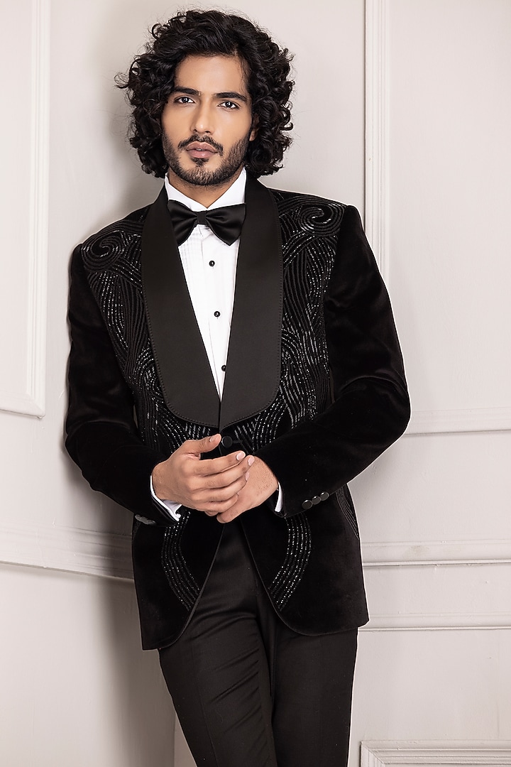 Black Velvet Hand Embroidered Tuxedo Set by AMIT ARORA at Pernia's Pop Up Shop