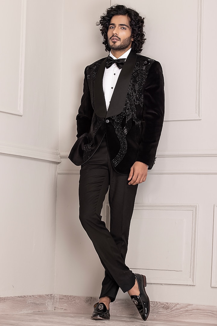 Black Velvet Hand Embroidered Tuxedo Set by AMIT ARORA at Pernia's Pop Up Shop