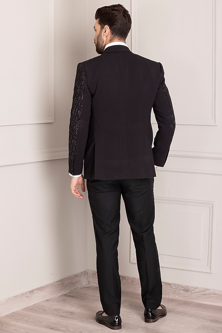 Black Knit Hand Embroidered Tuxedo Set by AMIT ARORA at Pernia's Pop Up Shop