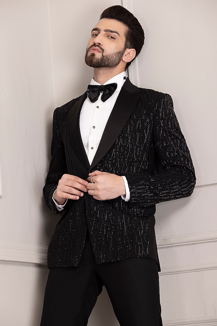 Black Knit Hand Embroidered Tuxedo Set by AMIT ARORA at Pernia's Pop Up Shop