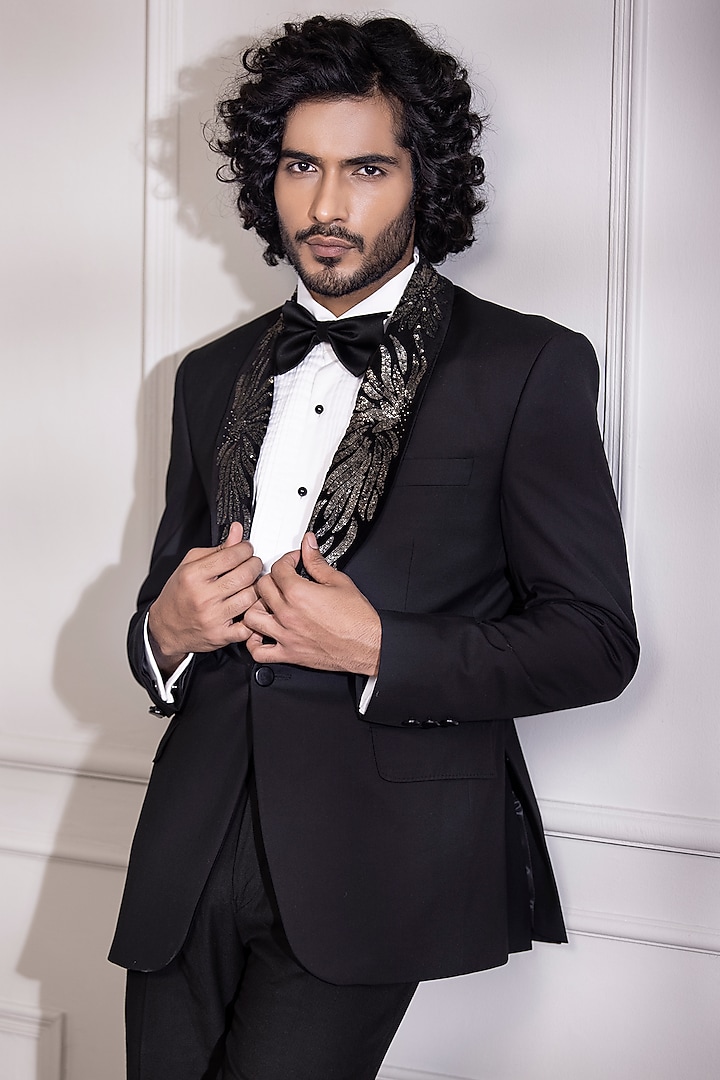 Black Poly Wool Embroidered Tuxedo Set by AMIT ARORA at Pernia's Pop Up Shop