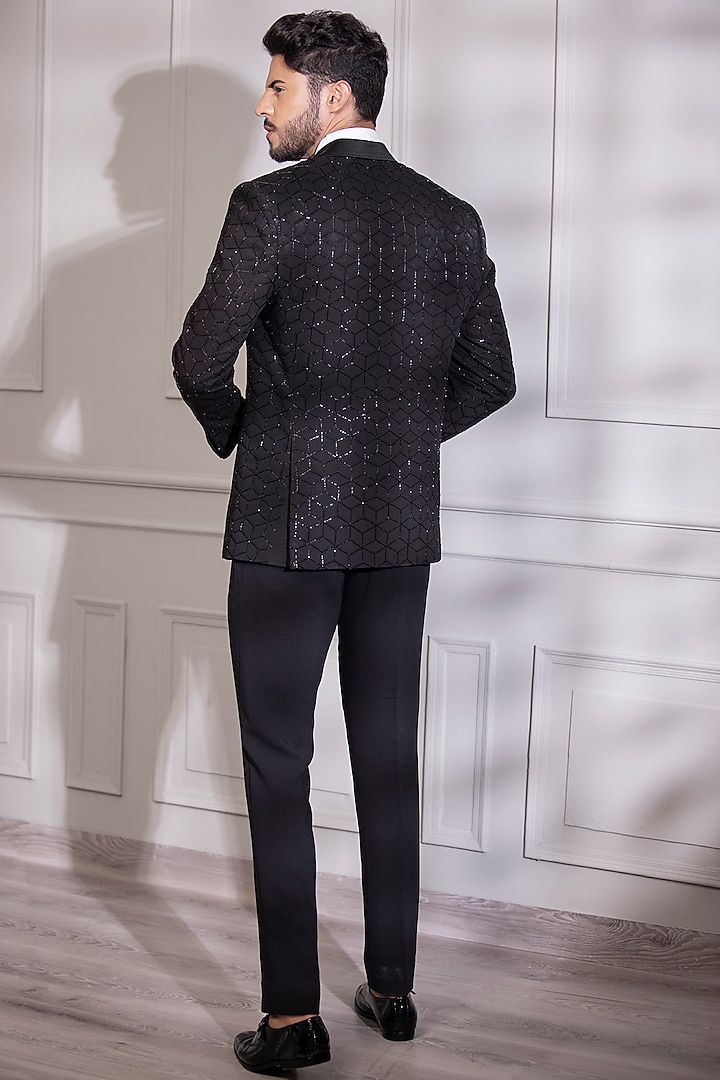 Black Knit Hand Embroidered Tuxedo Set by AMIT ARORA at Pernia's Pop Up Shop
