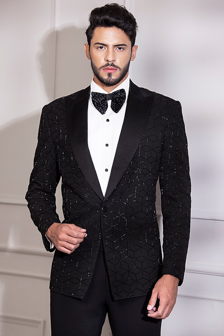 Black Knit Hand Embroidered Tuxedo Set by AMIT ARORA at Pernia's Pop Up Shop