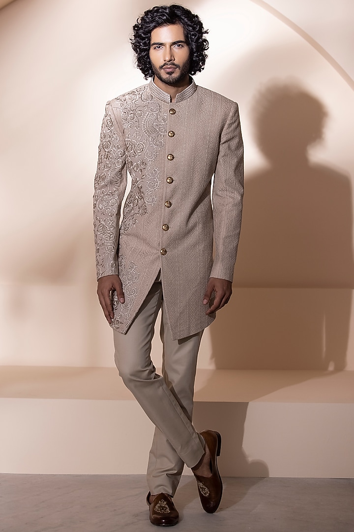 Fawn Crochet Hand Embroidered Wedding Indowestern Set by AMIT ARORA at Pernia's Pop Up Shop