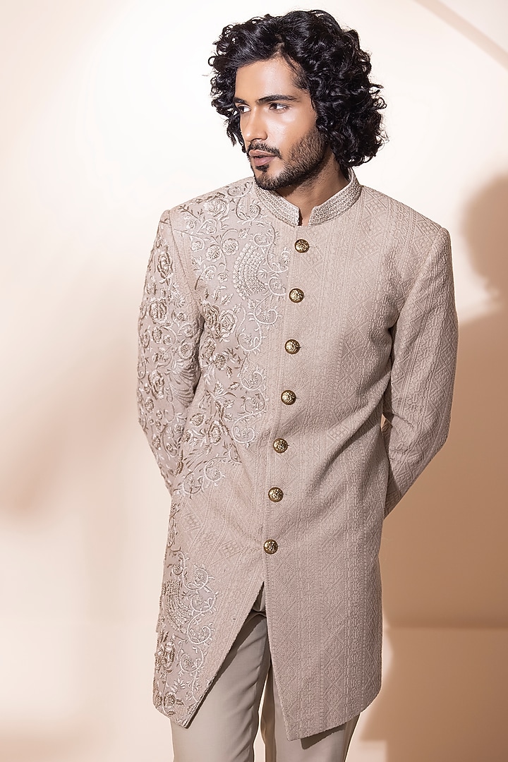 Fawn Crochet Hand Embroidered Wedding Indowestern Set by AMIT ARORA at Pernia's Pop Up Shop