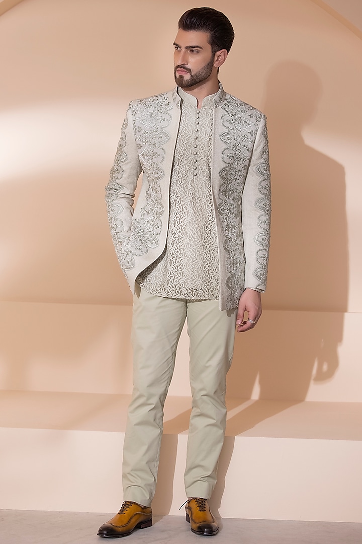 Pista Green Crochet Hand Embroidered Groom Indowestern Set by AMIT ARORA at Pernia's Pop Up Shop