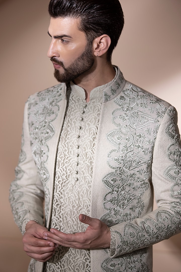 Pista Green Crochet Hand Embroidered Groom Indowestern Set by AMIT ARORA at Pernia's Pop Up Shop