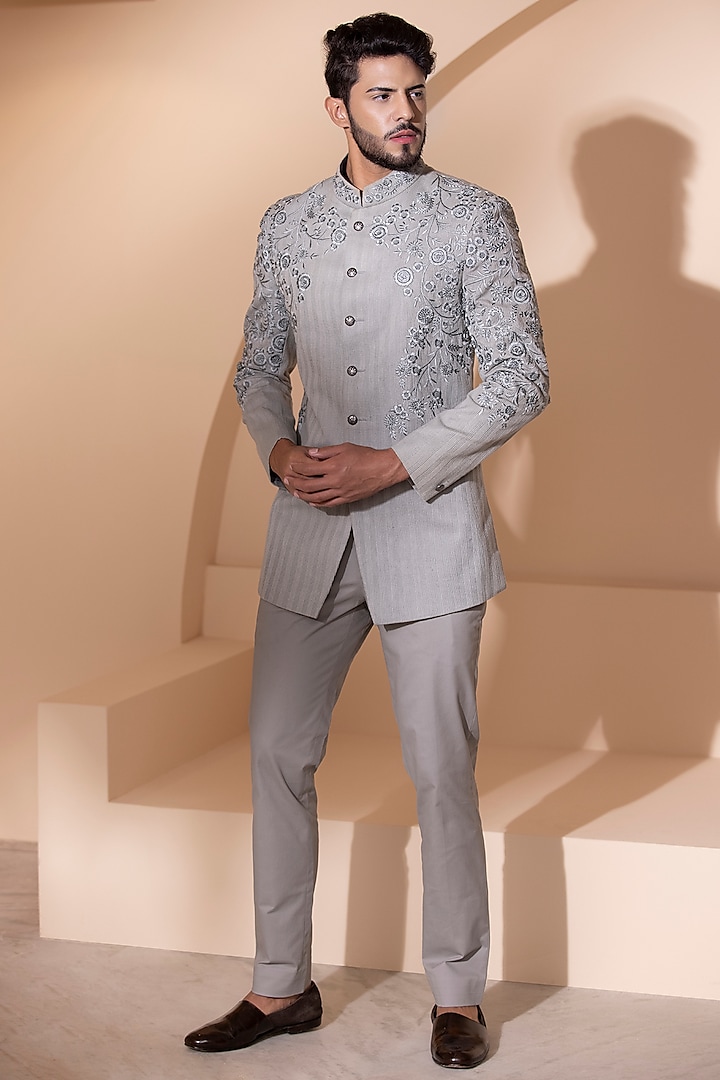 Grey Crochet Embroidered Bandhgala Set by AMIT ARORA