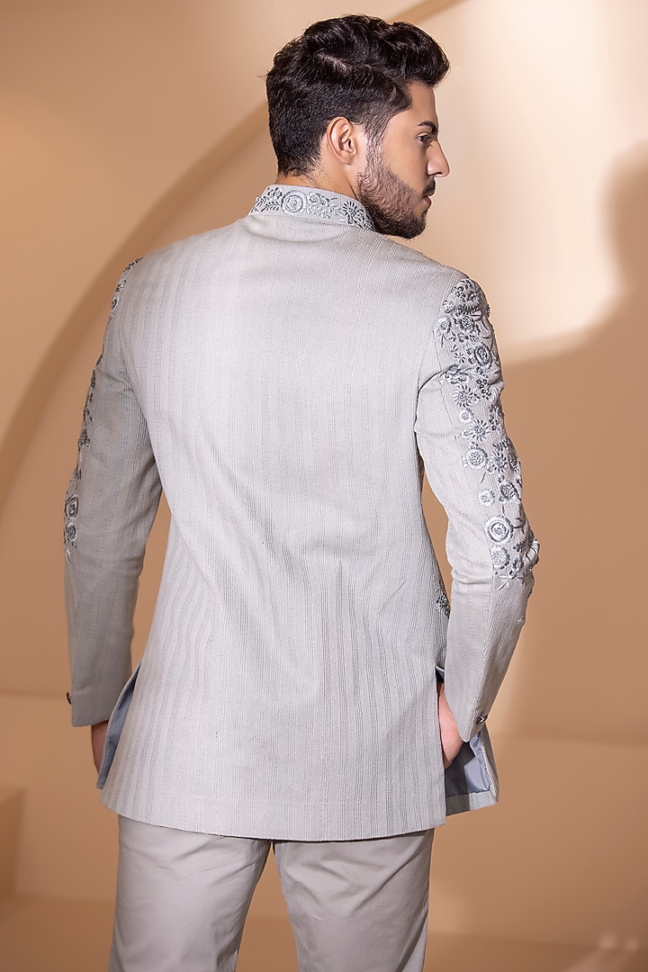 Grey Crochet Hand Embroidered Wedding Bandhgala Set by AMIT ARORA at Pernia's Pop Up Shop