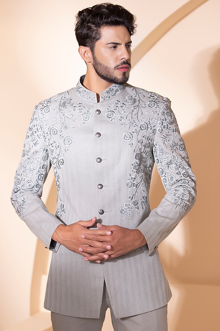 Grey Crochet Hand Embroidered Wedding Bandhgala Set by AMIT ARORA at Pernia's Pop Up Shop