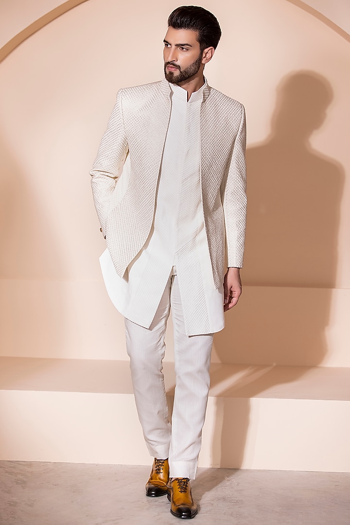 Cream Jacquard Embroidered Indo Western Set by AMIT ARORA at Pernia's Pop Up Shop