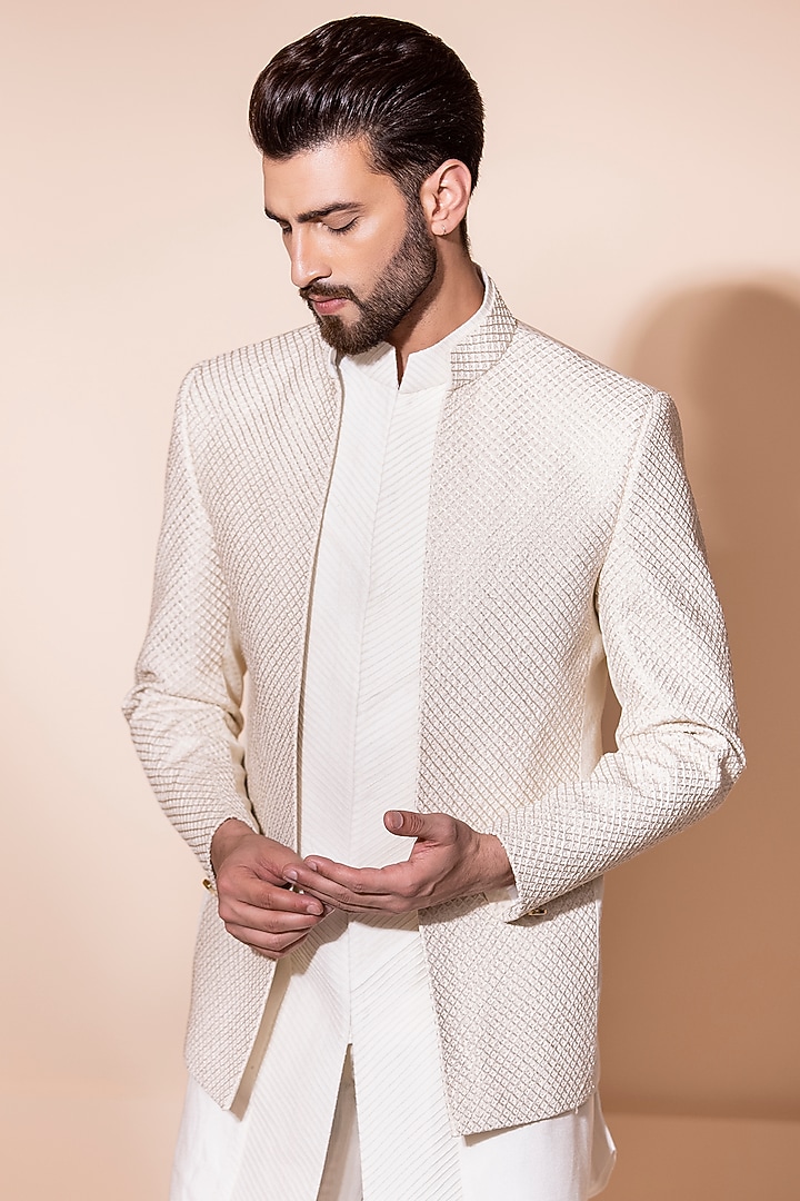 Cream Jacquard Embroidered Wedding Indowestern Set by AMIT ARORA at Pernia's Pop Up Shop