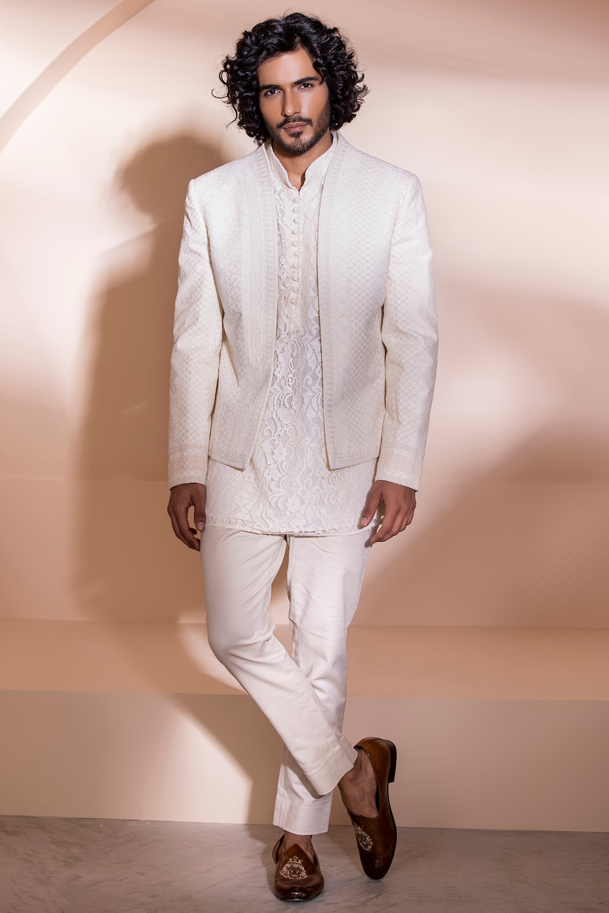 Cream Crochet Indo Western Set by AMIT ARORA at Pernia's Pop Up