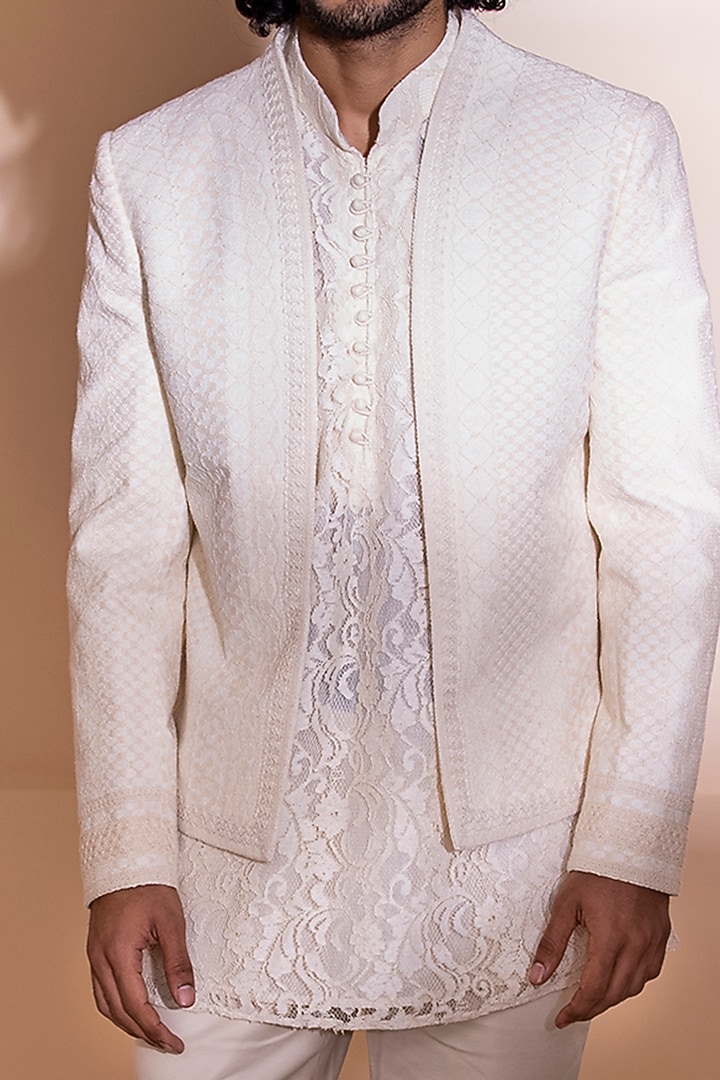 Cream Crochet Wedding Indowestern Set by AMIT ARORA at Pernia's Pop Up Shop