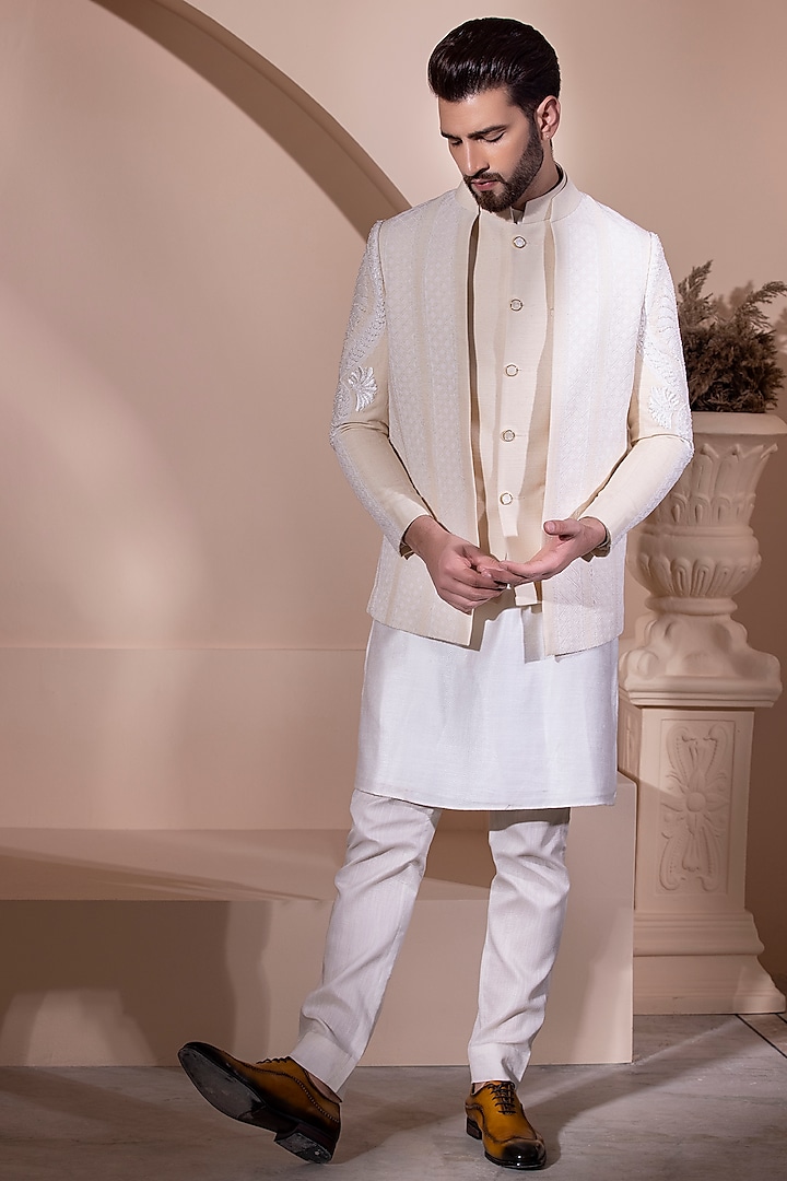 Cream Silk & Crochet Embroidered Indo Western Set by AMIT ARORA