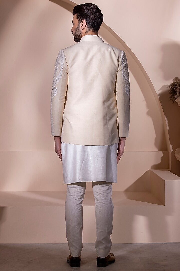 Cream Silk & Crochet Embroidered Wedding Indowestern Set by AMIT ARORA at Pernia's Pop Up Shop
