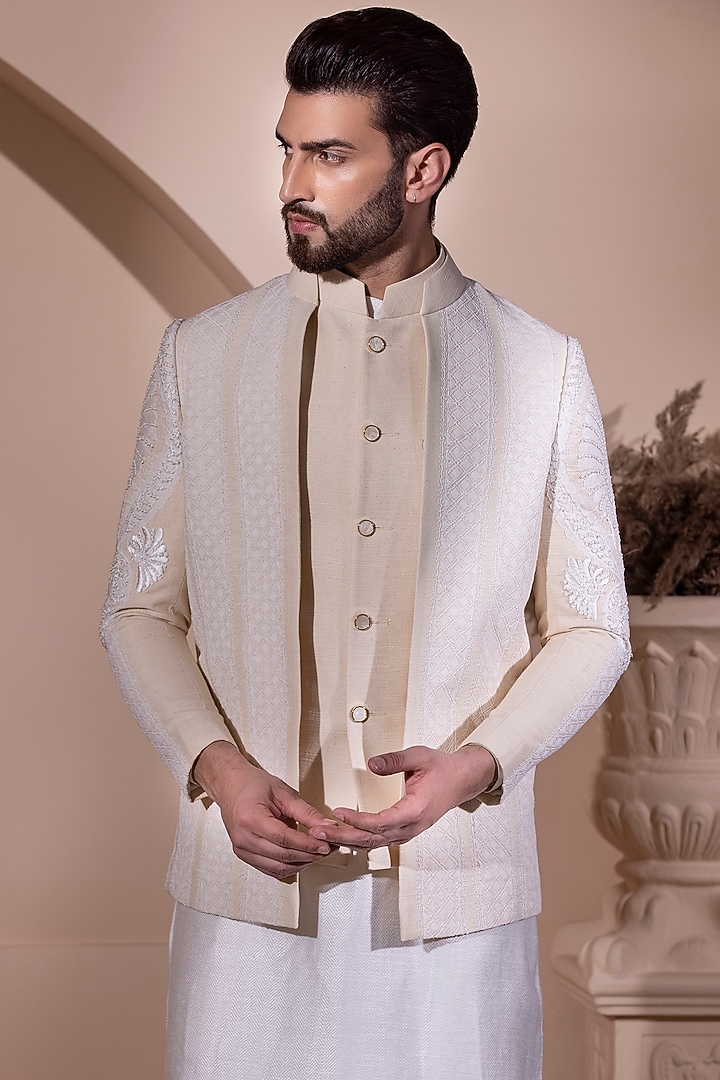 Cream Silk & Crochet Embroidered Wedding Indowestern Set by AMIT ARORA at Pernia's Pop Up Shop