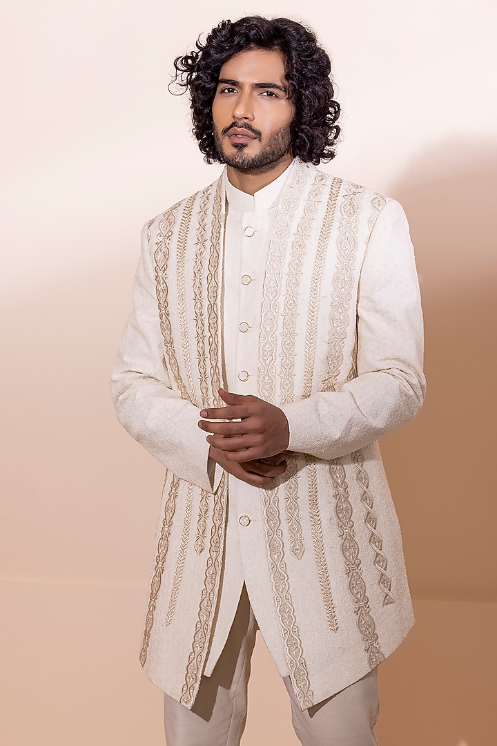 Cream Crochet Hand Embroidered Wedding Indowestern Set by AMIT ARORA at Pernia's Pop Up Shop