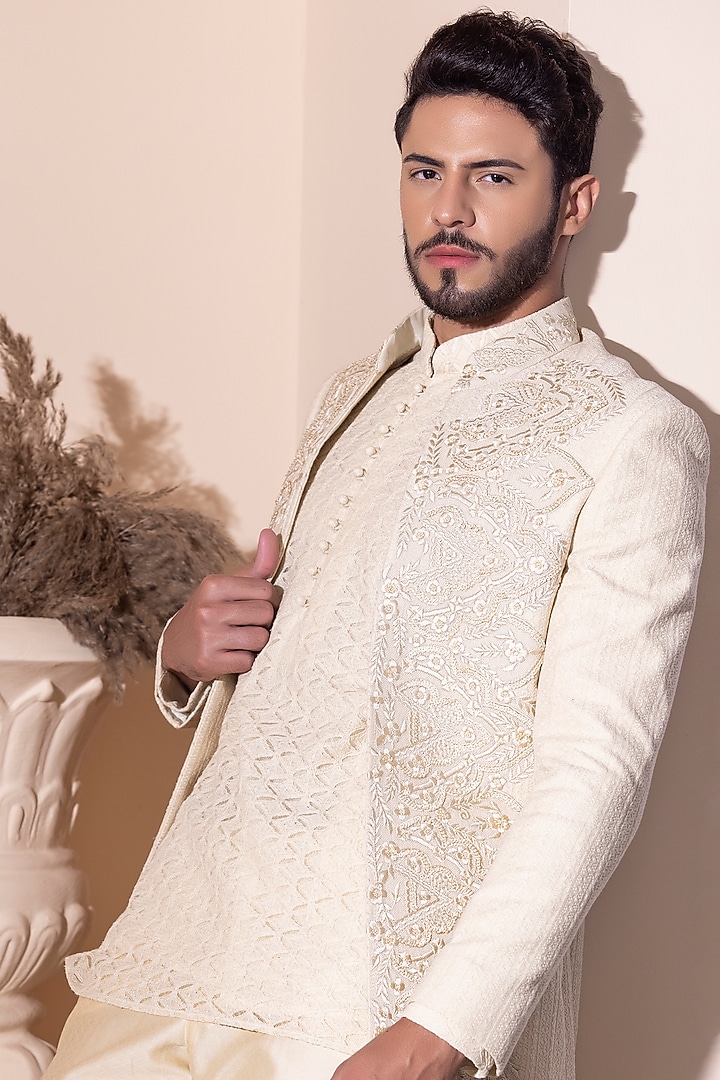 Cream Crochet Hand Embroidered Wedding Indowestern Set by AMIT ARORA at Pernia's Pop Up Shop