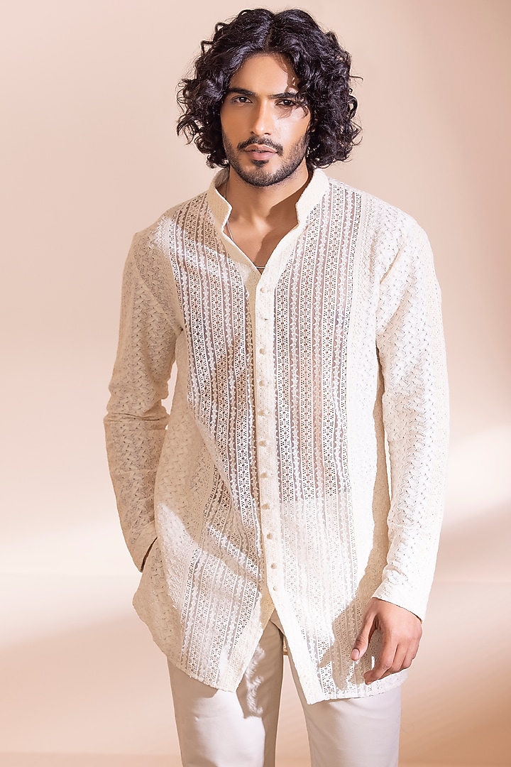 Cream Crochet Kurta by AMIT ARORA at Pernia's Pop Up Shop