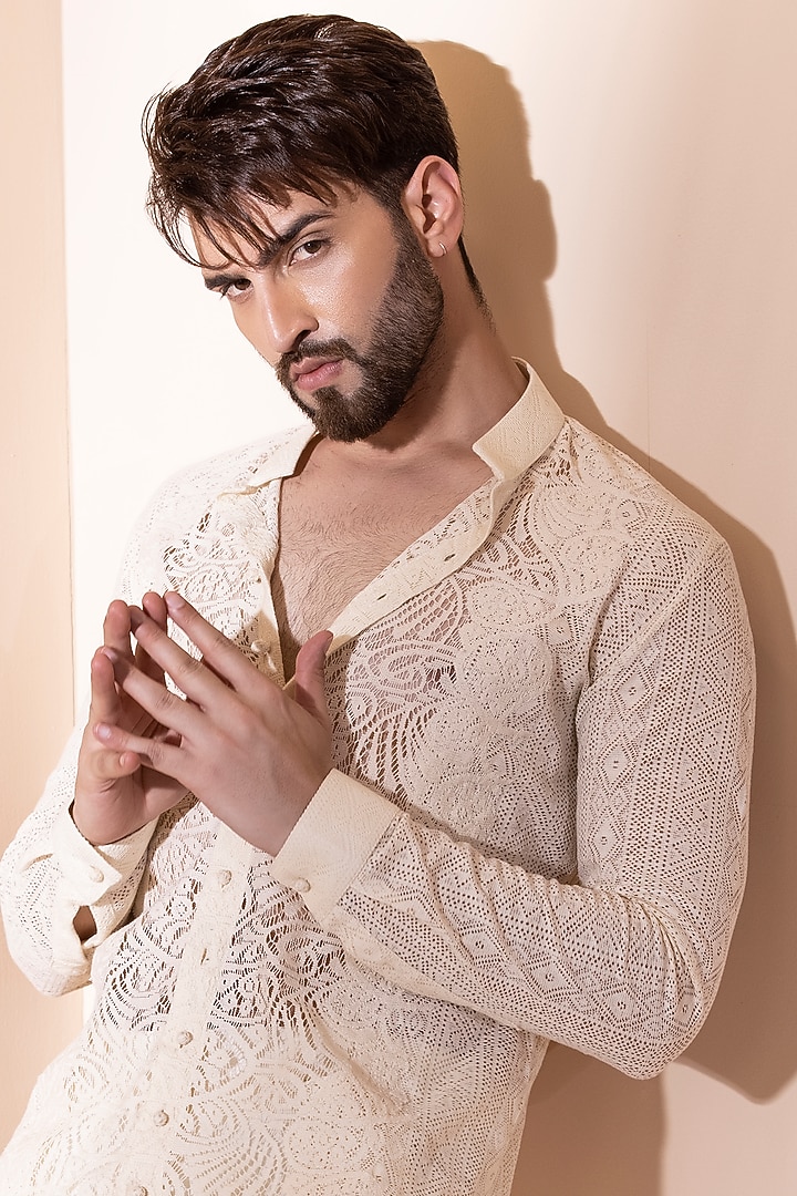 Cream Crochet Kurta by AMIT ARORA at Pernia's Pop Up Shop