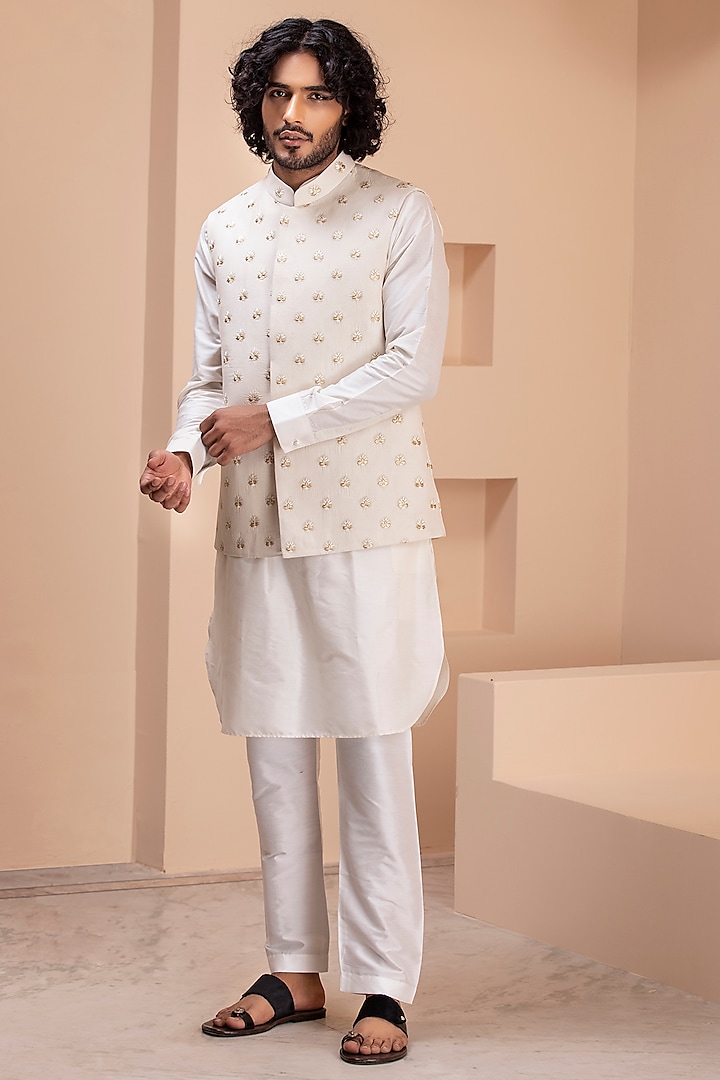 Cream Silk Embroidered Nehru Jacket Set by AMIT ARORA