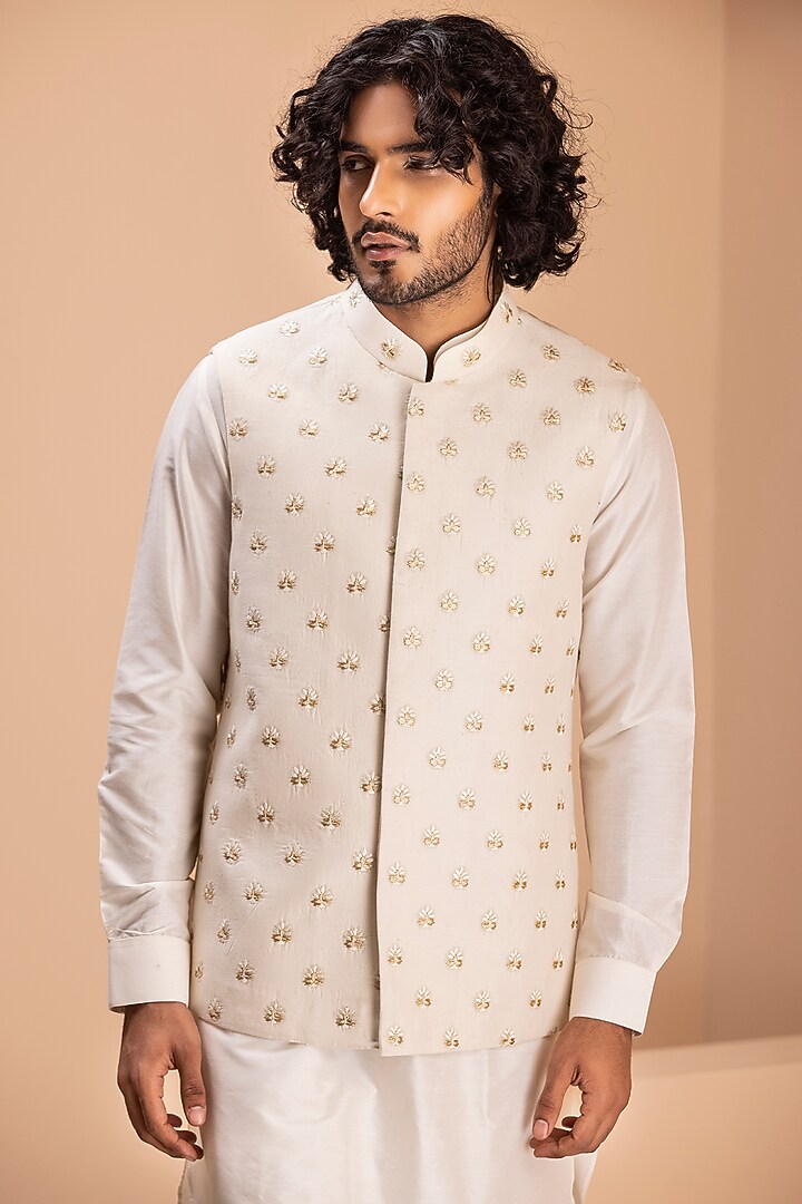 Cream Silk Hand Embroidered Nehru Jacket Set by AMIT ARORA at Pernia's Pop Up Shop