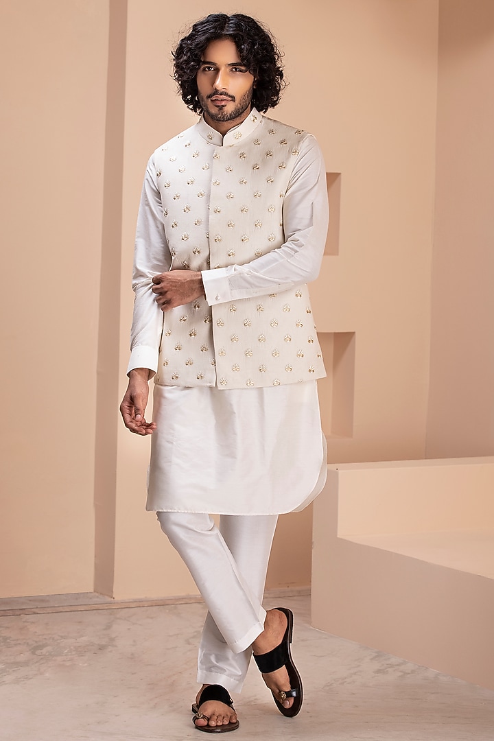 Cream Silk Hand Embroidered Nehru Jacket Set by AMIT ARORA at Pernia's Pop Up Shop
