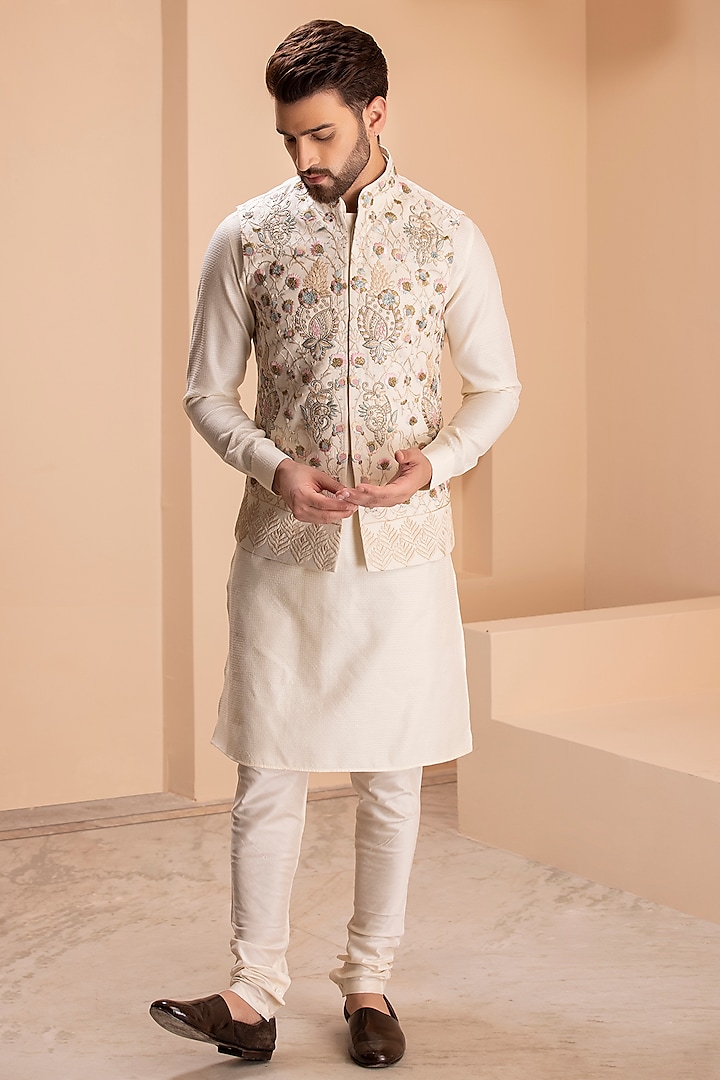 Cream Silk Embroidered Nehru Jacket Set by AMIT ARORA