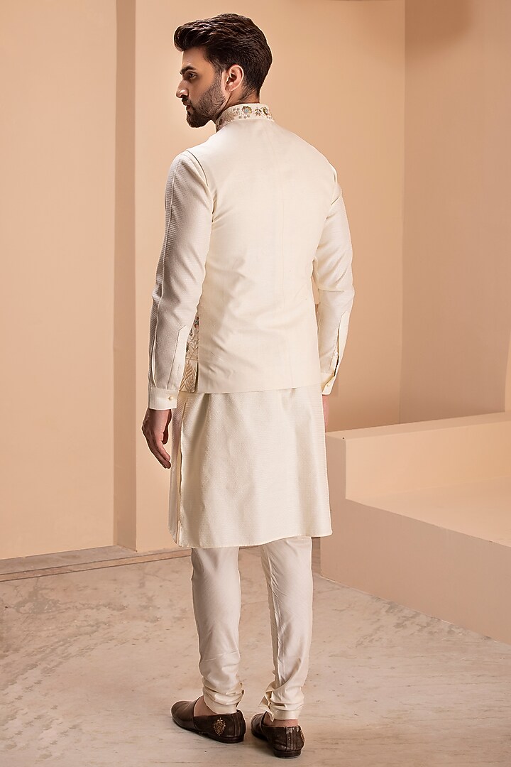Cream Silk Embroidered Nehru Jacket Set by AMIT ARORA at Pernia's Pop Up Shop
