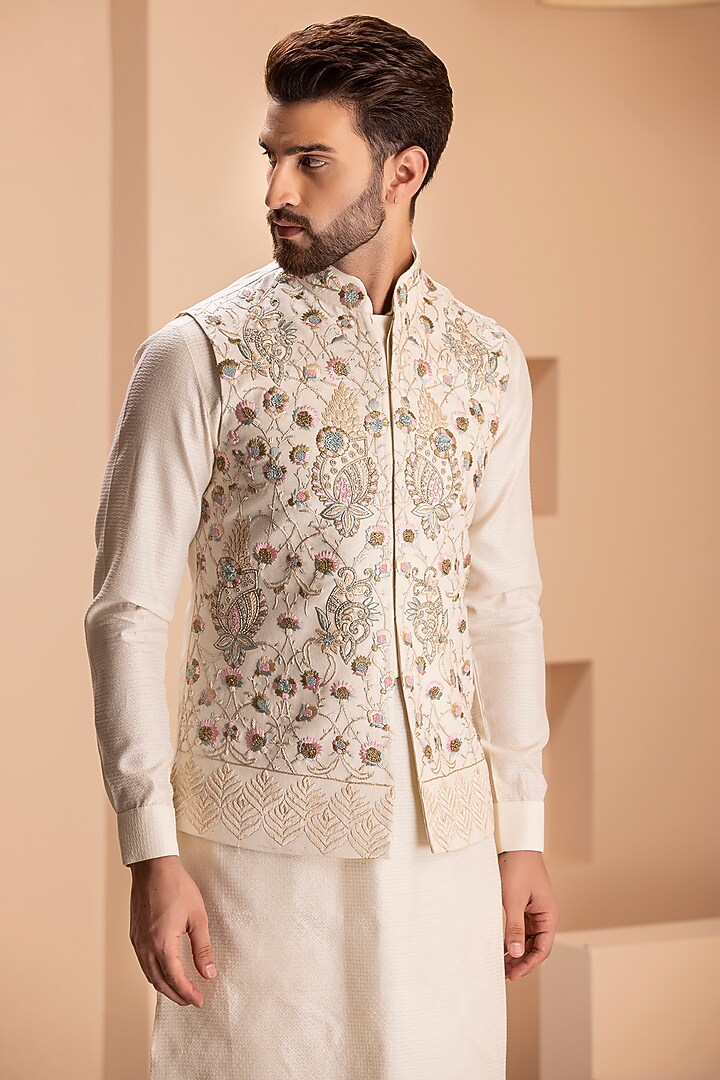Cream Silk Embroidered Nehru Jacket Set by AMIT ARORA at Pernia's Pop Up Shop