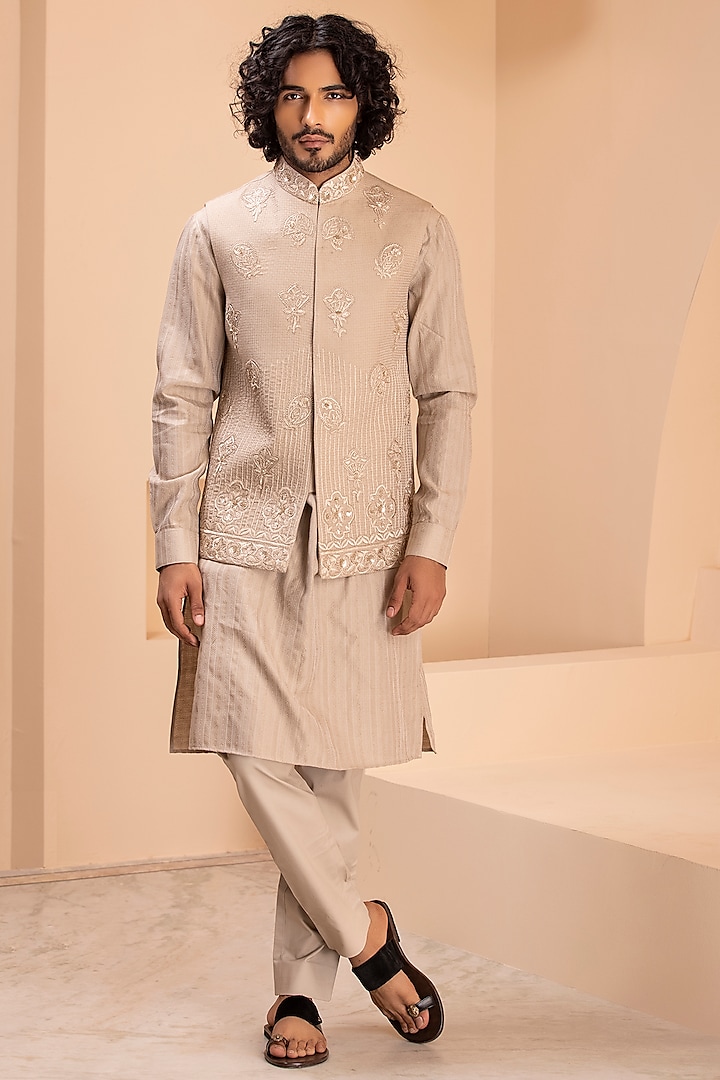 Beige Silk Embroidered Nehru Jacket Set by AMIT ARORA