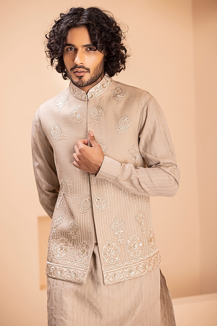 Beige Silk Hand Embroidered Nehru Jacket Set by AMIT ARORA at Pernia's Pop Up Shop