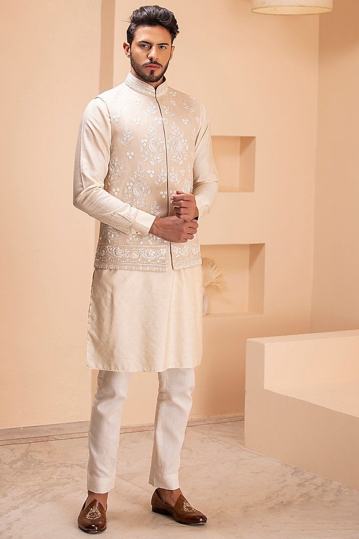 Fawn Banarasi Silk Embroidered Nehru Jacket Set by AMIT ARORA