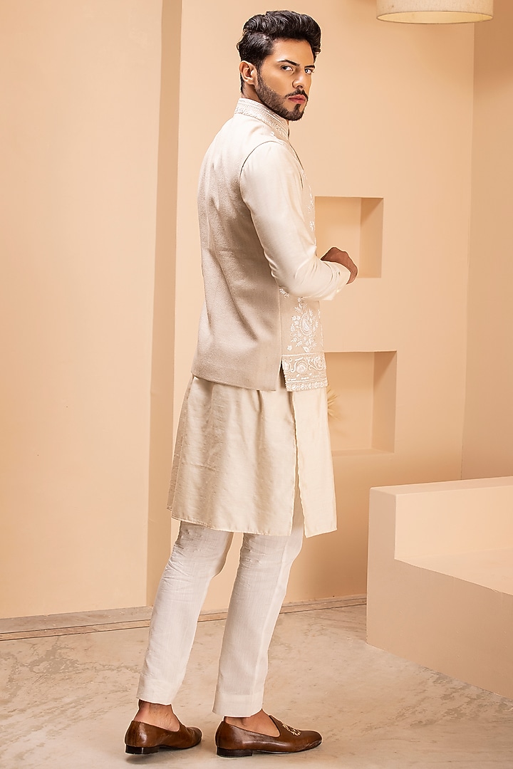 Fawn Banarasi Silk Hand Embroidered Nehru Jacket Set by AMIT ARORA at Pernia's Pop Up Shop