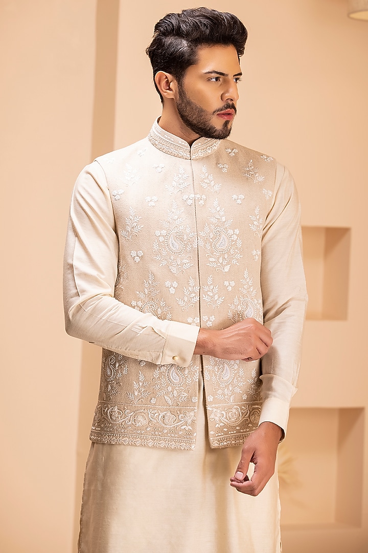 Fawn Banarasi Silk Hand Embroidered Nehru Jacket Set by AMIT ARORA at Pernia's Pop Up Shop