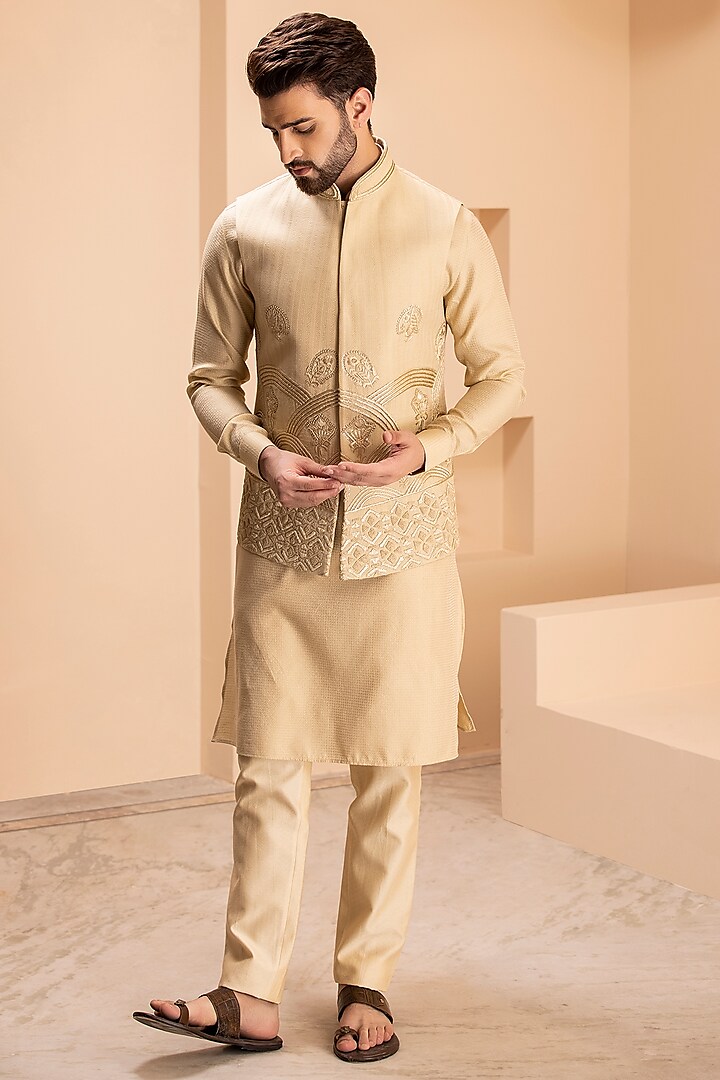 Light Gold Banarasi Silk Embroidered Nehru Jacket Set by AMIT ARORA