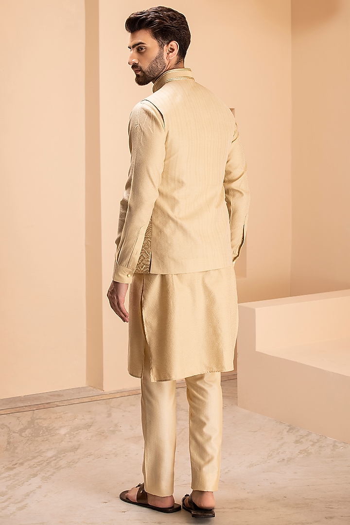 Light Gold Banarasi Silk Embroidered Nehru Jacket Set by AMIT ARORA at Pernia's Pop Up Shop